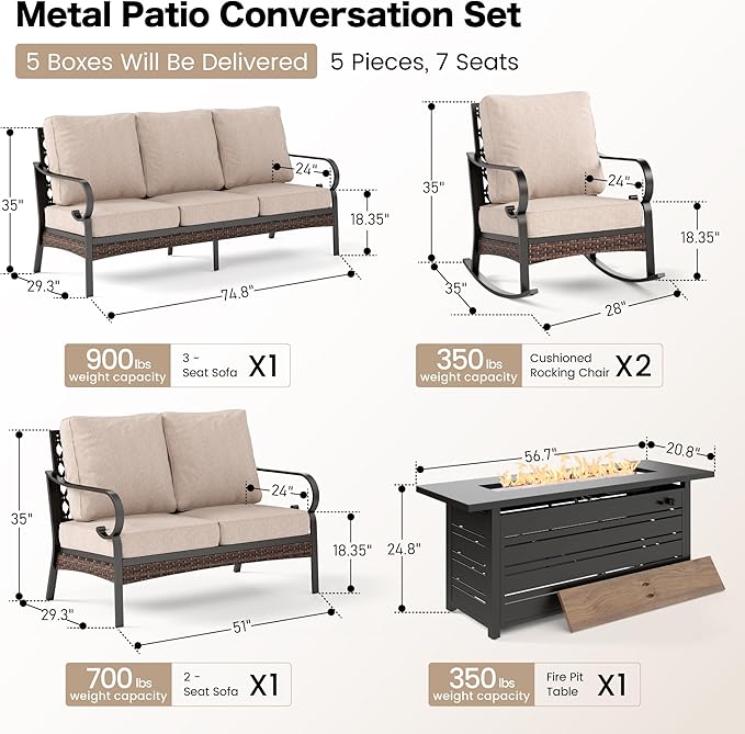 5 Piece Black Metal Outdoor Patio Furniture Set with Firepit Table, Patio Conversation Sets 1 3-Seater Sofa, 2-Seater Sofa, 2 Rocking Chairs with 5.75" Cushion for Backyard Deck, Beige