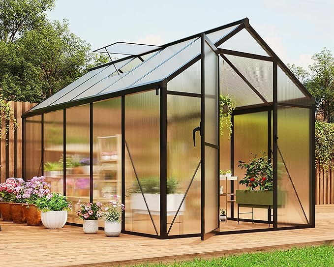 6×10 FT Greenhouse, Large Walk in Greenhouses for Outdoors and Garden Planting, Polycarbonate Greenhouse with Enhanced Aluminum Frame, Green Houses with Quick Setup Structure and Roof Vent, Black