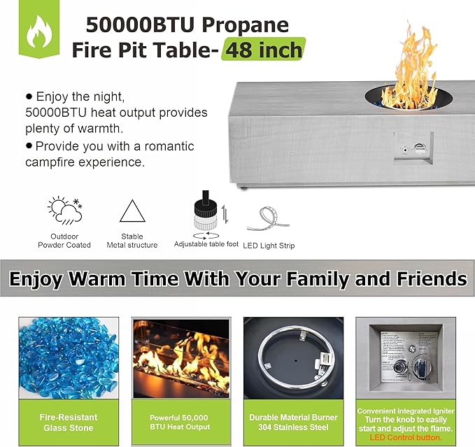 48" Patio Fire Pit Table Round Burner with Multiple Color LED Lights, 50,000 BTU Fire Pit Table with Lid, Rocks, Cover & Tank Storage, Propane Outdoor fireplace (Light Grey/RGB Light, 48" LED)