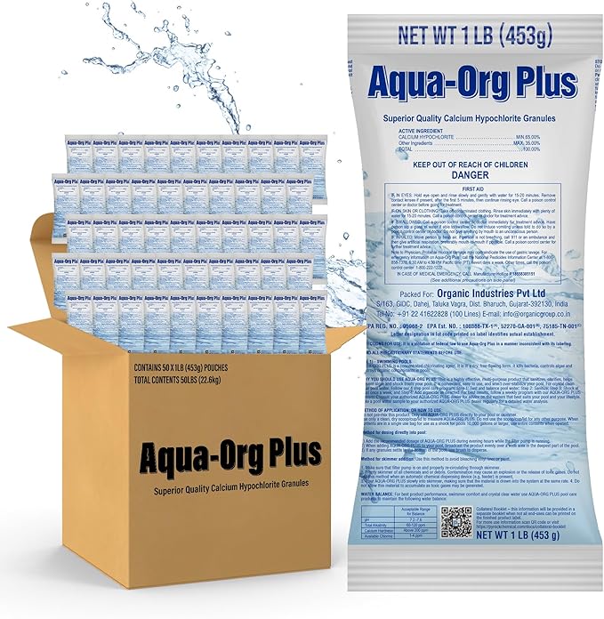 Pool Shock by Aqua Org Plus - 65% Granular Cal Hypo - Swimming Pool Shock for In-Ground, Above Ground, Spas & Hot Tubs - 50-Pack of 1 Pound Bags