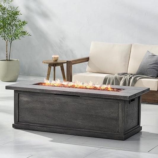 Outdoor Propane Fire Pit Table for Outside Patio, 56 Inch Concrete Fire Pit Table, Rectangle Gas Fire Pit for Garden, Pool, Backyard, 50,000 BTU, Free Lava Rocks, Gray Wood Pattern