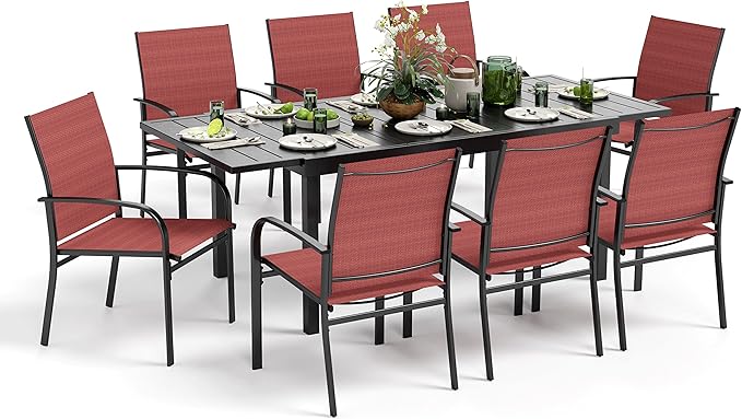 9 Pieces Patio Table and Chairs Set, Patio Dining Set for 8, 8 Textilene Chairs and 1 Expandable Patio Dining Table with Umbrella Hole, for Deck Backyard Lawn Poolside, Red