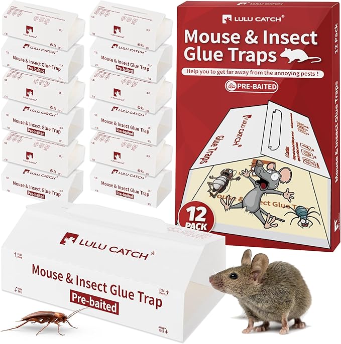 LULUCATCH Mouse Traps, 12 Pack Pre-Baited Sticky Mouse Traps Indoor for Home, Foldable Non-Toxic Bulk Sticky Pads, Glue Traps for Rats, Bugs, Spider, Mice, Cockroach, Pet Safe Pest Control ﻿