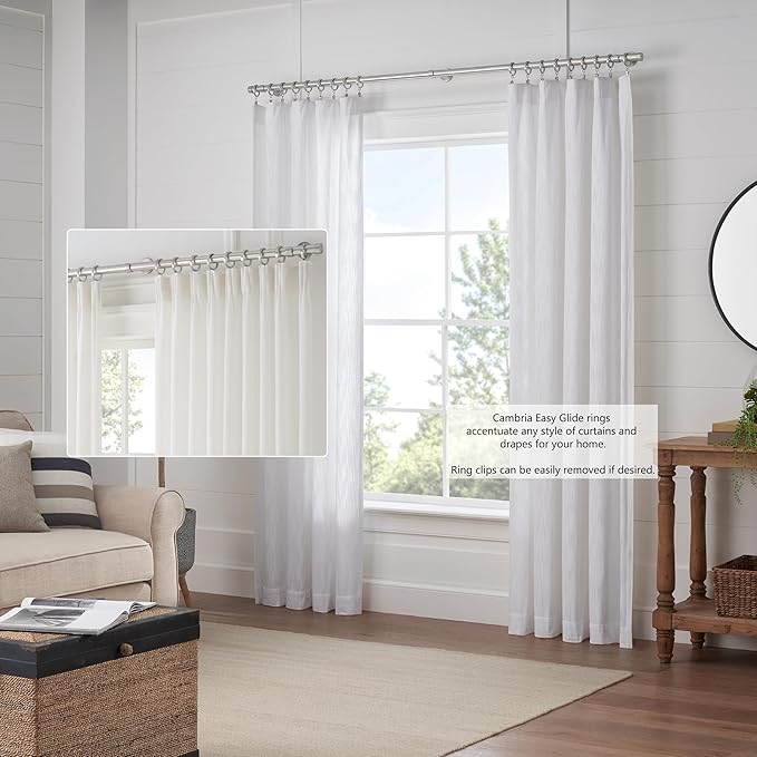 MODE Cambria Designer Series - Premium Easy Glide 18 Count Curtain Rings - Metal with Smooth, Quiet Nylon Inserts with Clips - 2 inch Diameter (1-5/8 inch Inside Diameter) - Brushed Nickel
