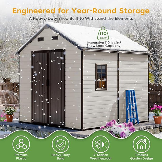 8x8 Shed with Floor, Heavy-Duty Plastic Resin Sheds & Outdoor Storage, Garden Tool Shed for Backyard, Patio, Bike Storage with Lockable Awning Windows & Reinforced Steel Frame（23-Gauage