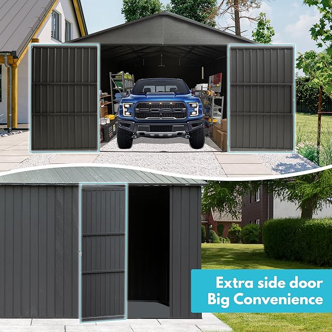 Domi 12'x25' Heavy Duty Garage Shed, Outdoor Metal Steel Carport with Lockable Double, Side Doors, 80MPH Wind and Snow Resistant Enclosed Storage for Cars, Trucks, Motorcycles, Tools, Dark Grey
