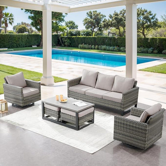 6 Piece Wicker Patio Furniture Set - Outdoor Swivel Rocker Chairs Set with Coffee Table, 3 Seat Sofa & Ottomans, Small Patio Conversation Sets Proch Furniture for Balcony Deck - Grey/Beige