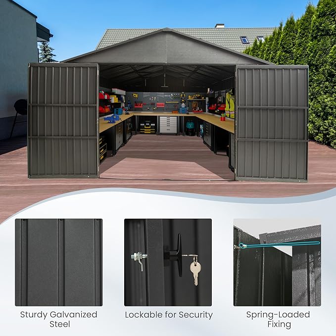 Domi 12'x25' Heavy Duty Garage Shed, Outdoor Metal Steel Carport with Lockable Double, Side Doors, 80MPH Wind and Snow Resistant Enclosed Storage for Cars, Trucks, Motorcycles, Tools, Dark Grey