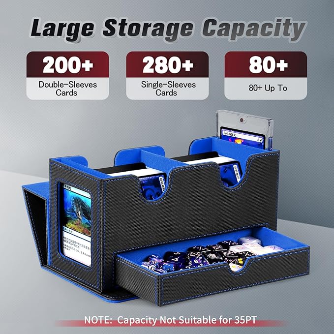 MTG Deck Box with 2 Commander Display,Commder Deck Box Fits 310+ Cards，with Dice Tray,Leather Magnetic,Fits for TCG CCG Magic Cards (Black Blue)