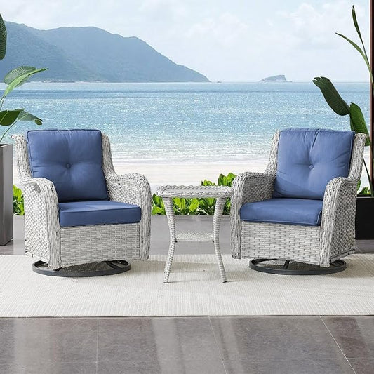 Belord Outdoor Swivel Rocker Patio Chairs Set of 3,High Back Swivel Patio Chairs Wicker Furniture Set,2 PCS Rattan Swivel Rocking Chair with Side Table,Light Grey Wicker (A089-2)
