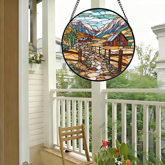 QZQCBLC Stained Glass Window Hanging Mountain Ranch Rural Life 6.3" - Cactus Suncatcher Door Terrace Garden Sun Catcher Home Decor Birthday Christmas for Mom Men Woman Friend