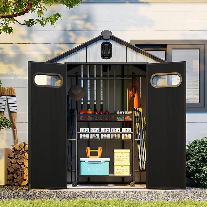 Domi 6x4Ft Resin Outdoor Storage Shed, Small Plastic Garden Shed with Carpet, Outside Weatherproof Storage Building for Tools, Bike, Lawn Mower, Patio, Backyard
