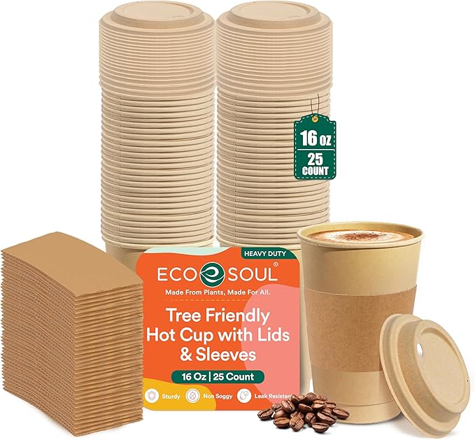 ECO SOUL 100% Compostable Coffee Cups With Lids & Sleeves - To Go Coffee Disposable Bagasse Cups |Sturdy & Eco-Friendly Cups for Cafes, Party, Office (25, 16 Oz)
