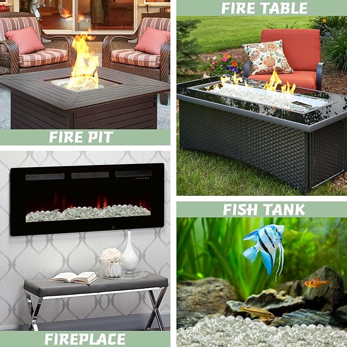 20 Pounds Fire Pit Glass Rocks, Clear Fire Glass Beads for Propane Firepit, Fireplace and Outdoor Decoration, 1 Inch, Diamond - Shaped