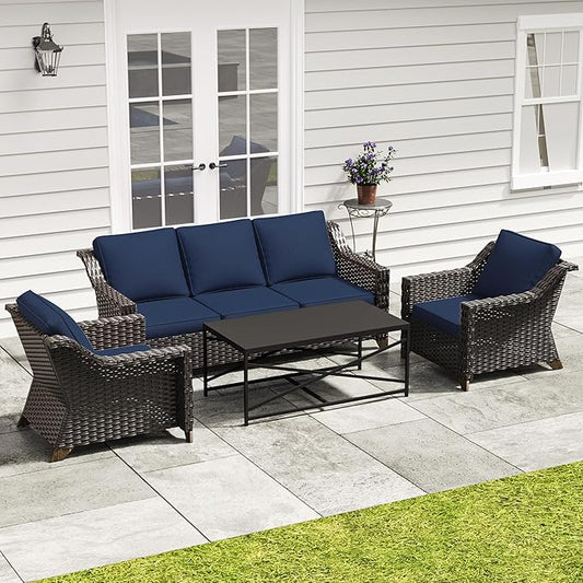 4 Pieces Outdoor Conversation Furniture Set - 77" Patio Sofa, 2 Wicker Armchairs, 1 Metal Coffee Table, Patio Wicker Furniture Set with Water-Resistant Cushions for Sunroom (Navy Blue)