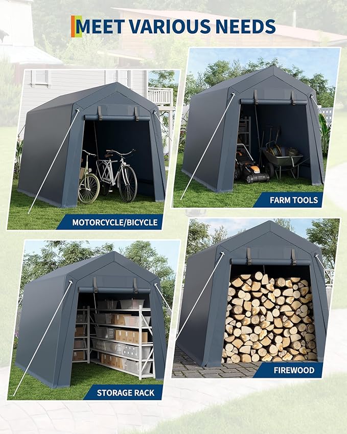 7 X 10 Ft Carport Portable Storage Shed Outdoor Tarp Sheds with Roll-Up Door, Bike Shed Storage Tent for Motorcycle, Garden Tools Gray