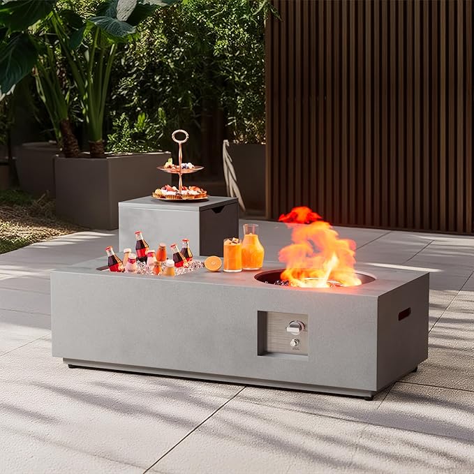 48 inch Propane Fire Pit Table with Ice Bucket, 2 in 1 Rectangular Outdoor Fire Pit with 20lb Tank Cover, Outside Patio Deck and Garden, Gas Fireplace Table with Lid and Stone