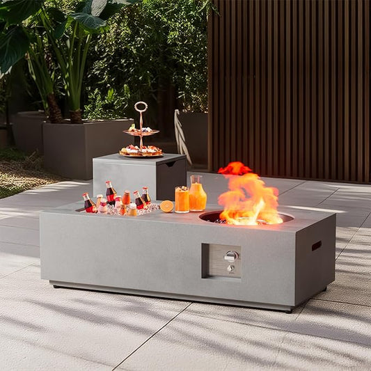 48 inch Propane Fire Pit Table with Ice Bucket, 2 in 1 Rectangular Outdoor Fire Pit with 20lb Tank Cover, Outside Patio Deck and Garden, Gas Fireplace Table with Lid and Stone