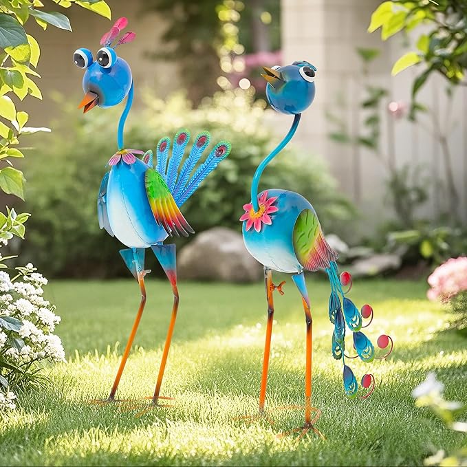 Ultym 22.5" Metal Peacock Yard Decor - Handmade Large Peacock Garden Statue Sculptures with Stable Ground Stakes, Backyard Decoration, Metal Garden Art