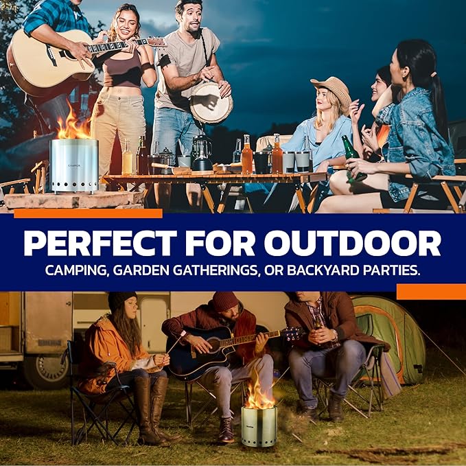 Wood Burning Fire Pit Stove with Black Exterior - Smokeless Outdoor Stove for Efficient Wood Fires, Camping, and Gatherings, Stainless Steel with Removable Ash Pan, Stand and Carry Bag