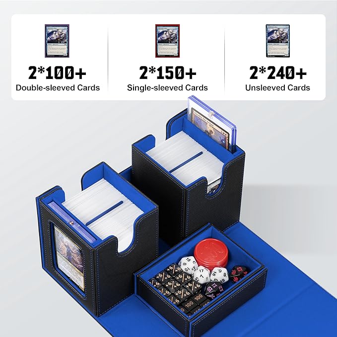ZLCA Card Deck Box with Commander window Display, MTG Deck Box with Dice Tray Holds 200+ Double-Sleered Cards,Card Storage Case fit for YuGiOh,MTG,Sport (Black&Blue)