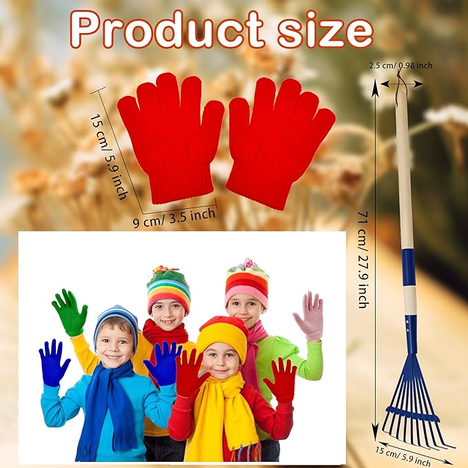 4 Set Kids Leaves Rakes with Hardwood Handle Metal Rakes Child Garden Lawn Rake with 4 Pairs Gloves for Garden Leaves Tools