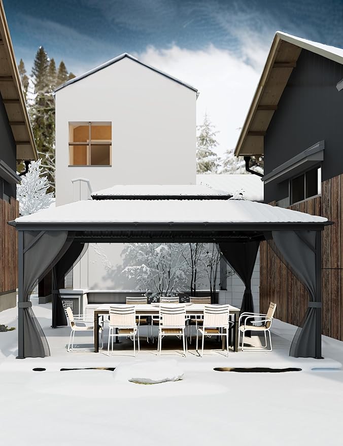 GarveeLife Hardtop Gazebo 12 ft x16 ft for All Weather, with Double Metal Roof, Aluminum Alloy Frame, Net, and Curtain, Permanent Building for Patio, Deck, Backyard, Lawn, and Garden