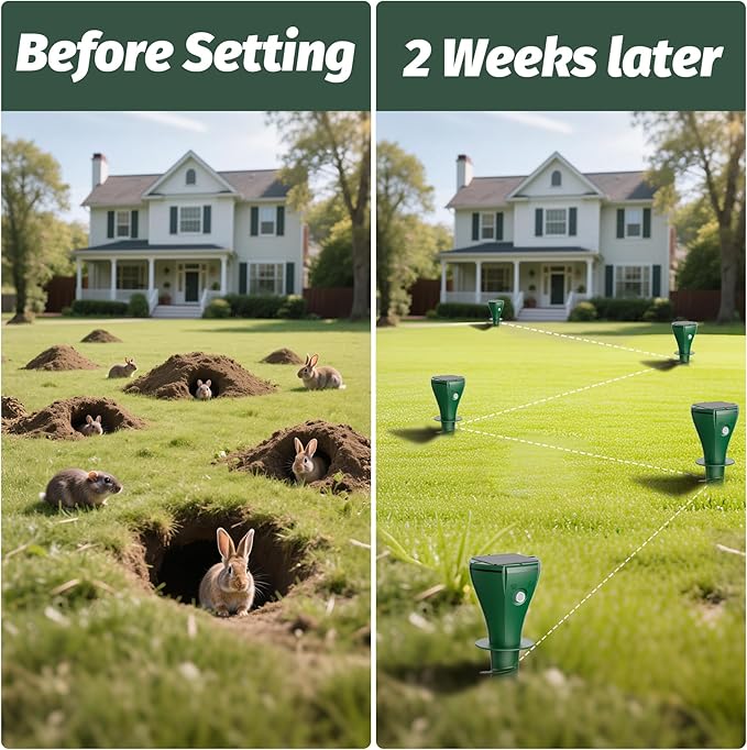 Mole Repeller for Lawns，8 Packs Solar Powered Vole Repellent Ultrasonic Pest Control Stake, Waterproof Sonic Pulse Deterrent for Gopher Vole Snake in Lawn, Garden & Yard
