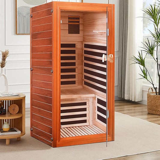 Infrared Sauna Home Traditional Sauna for Home Low EMF 1100W for 1 Person Relaxing Backboard with Control Panel, Bluetooth Speaker, Reading Lamp,Top Starry Sky (Ameican White Oak, 31.5”×31.5×63“)