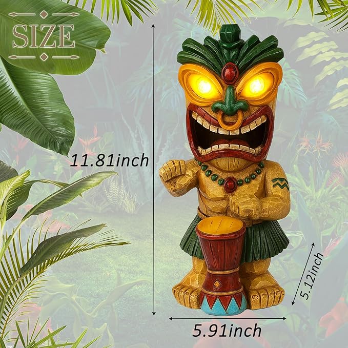 halp·ssfm Solar Tiki Garden Statue with LED Eyes Outdoor Polynesian Drummer Hawaiian Party Decor Solar Light Ornament for Patio Porch Lawn Tiki Bar or Tiki Lover Funny Stocking Stuffers Gifts