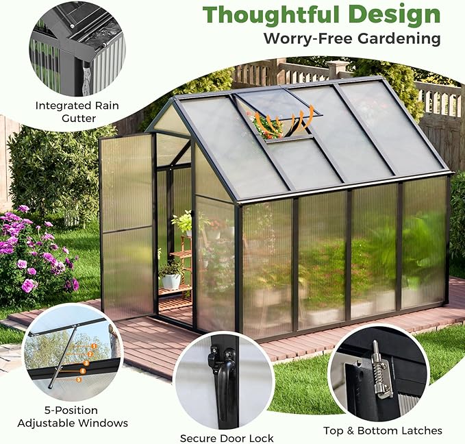 6x8 FT Aluminum-Framed Greenhouses for Outdoors Heavy Duty, Polycarbonate Greenhouse with Quick Setup Structure and Sliding Door, Walk-in Greenhouse Kit for Garden & Backyard