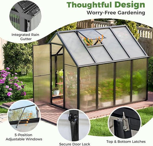 6x8 FT Aluminum-Framed Greenhouses for Outdoors Heavy Duty, Polycarbonate Greenhouse with Quick Setup Structure and Sliding Door, Walk-in Greenhouse Kit for Garden & Backyard
