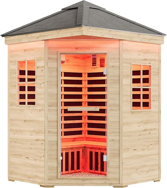 Albott Outdoor Sauna 4 Person, Infrared Saunas for Home, Low EMF 2850W/240V Spruce Wood Dry Sauna with Tourmaline Stone Foot Warmer, 7-Color Light Therapy & 2 Bluetooth Speakers, 59.1"x59.1"x98.4"