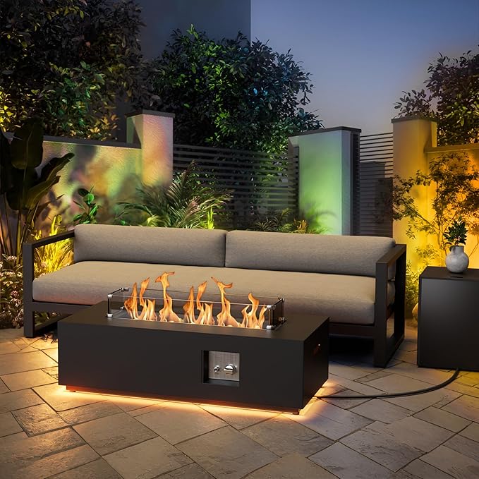 42" Propane Fire Pit Table with LED Light - 50,000 BTU with Wind Guard, Lid, Rocks and Cover - Propane Fireplace Table - Gas Fire Pits for Patio and Deck (Black/Golden Light, 42" LED)