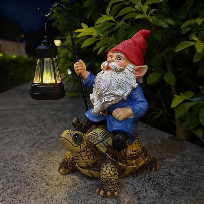 Garden Gnome Statue - Riding Turtle Outdoor Garden Statue Decorations with Solar LED Lights, 7.9" Figurine Ornament for Patio, Yard, Funny Lawn Decor Valentine's Day Gifts for Her, Wife, Sister