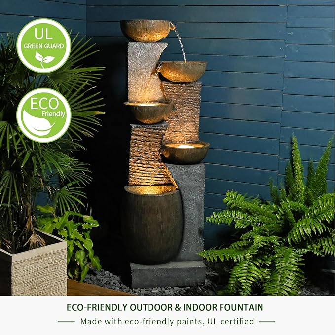 Bumilgar Outdoor Water Fountain - 51.4 Inches 5 Tired Modern Indoor Floor Standing Outdoors Fountains with Lights Pump for Garden Patio Backyard Porch Home Art Decor