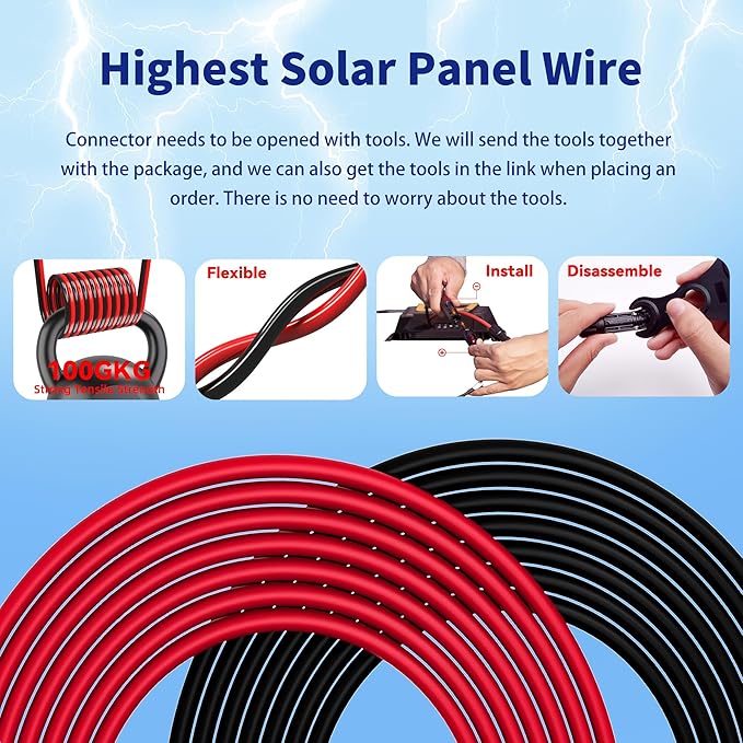 Solar Extension Cable 10 Gauge Solar Panels Wire 50Ft 10AWG (6mm²) PV Wire SJZSUNRUN Tinned Copper Wire with 2 Pairs Solar Connectors for Outdoor Automotive, Marine, (50Ft Black& 50Ft Red)