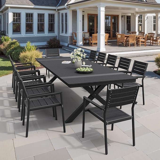 Pellebant 118" Outdoor Dining Table for 8-12, Aluminum Patio Dining Table with Umbrella Hole, Waterproof Wood-Like Tabletop for Lawn Garden Backyard, Black