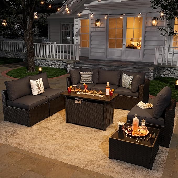 Aoxun 12 Piece Patio Furniture Set with 44” Fire Pit Table Wicker Rattan Patio Sectional Sofa Set Outdoor Seating Furniture with Thickened Cushion, Black