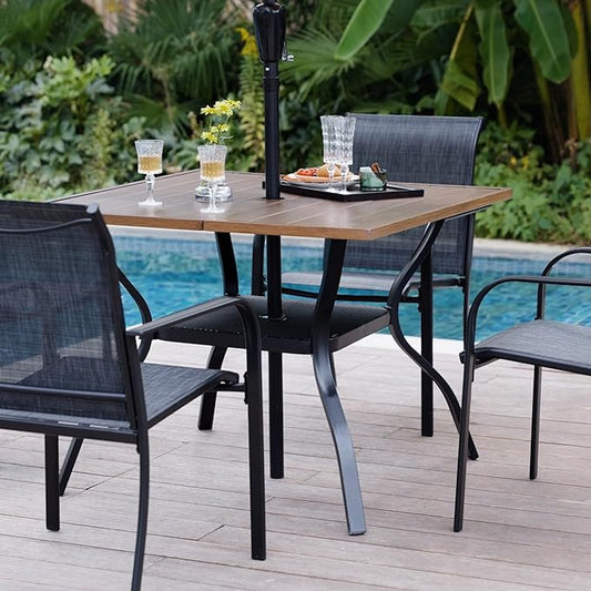 VICLLAX Patio Dining Table for 4 Square Metal Outdoor Table with Umbrella Hole and Storage Shelf for Garden Lawn Balcony Deck, Walnut