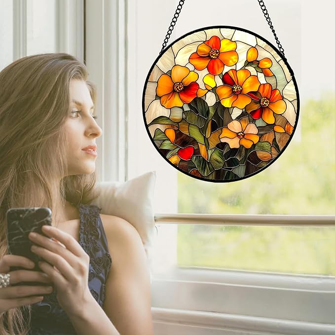 CRISGIF Stained Glass Window Hanging - Orange Marigolds Flowers Suncatcher for Door Garden Yard Sun Catchers Decor Christmas Mother's Day Birthday Gifts for Women Mom Nana Girlfriend Men 15 in