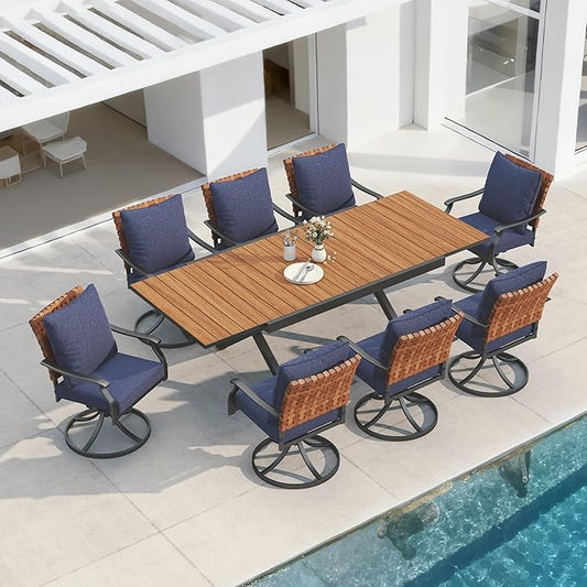 Grand patio 9-Piece Outdoor Dining Set, 8 Leather-Look Wicker Blue Swivel Patio Chairs & 1 Extendable Rectangular Dining Table, Brown