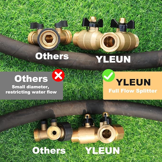 Garden Hose Splitter Full Flow Splitter No Restricted-Flow Connector Heavy Duty Brass Hose y Splitter, 2 way High Flow Hose Bib Adapter with Shut Off Valves (Butterfly Handle 2PCS)