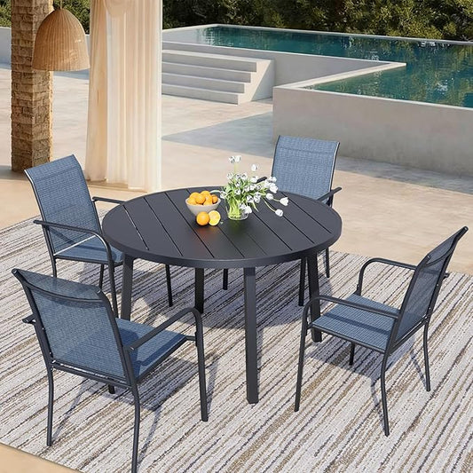 5 Pieces Patio Dining Set for 4, Blue Patio Stackable Chairs and Black Round Table Set of 4, Outdoor Furniture Set with Sling Support for Outside, Garden
