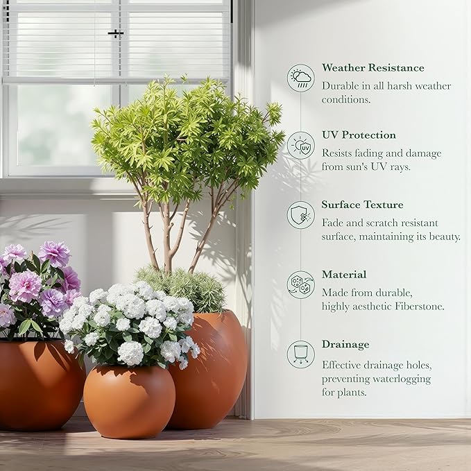DTY Signature Mount Sherman Modern Indoor Outdoor Fiberstone Sphere Planter, Durable Round Garden Pot, Weather Resistant, Drainage Hole & Rubber Plug, Planter for Christmas Tree - Medium, Terracotta