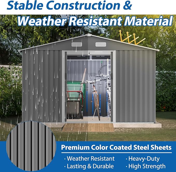 Favfurish 10×8 FT Metal Outdoor Storage Shed, Large Garden Sheds with Metal Foundation & Lockable Doors, All Weather Anti-Corrosion Galvanized Steel Tool House for Backyard Garden Lawn,Grey