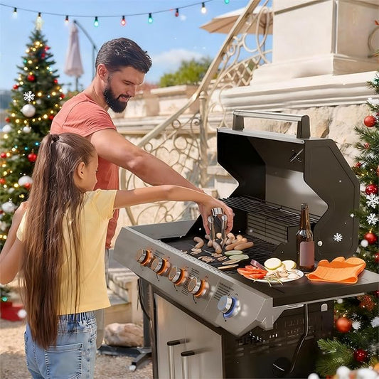 SKOK Led 4-Burner Gas BBQ Grill with Side Burner Led Knob, Barbecue Grill with Porcelain-Enameled Cast Iron Grates, 60,000 BTU Stainless Steel Propane Grill 629 Sq. In. Grilling Area