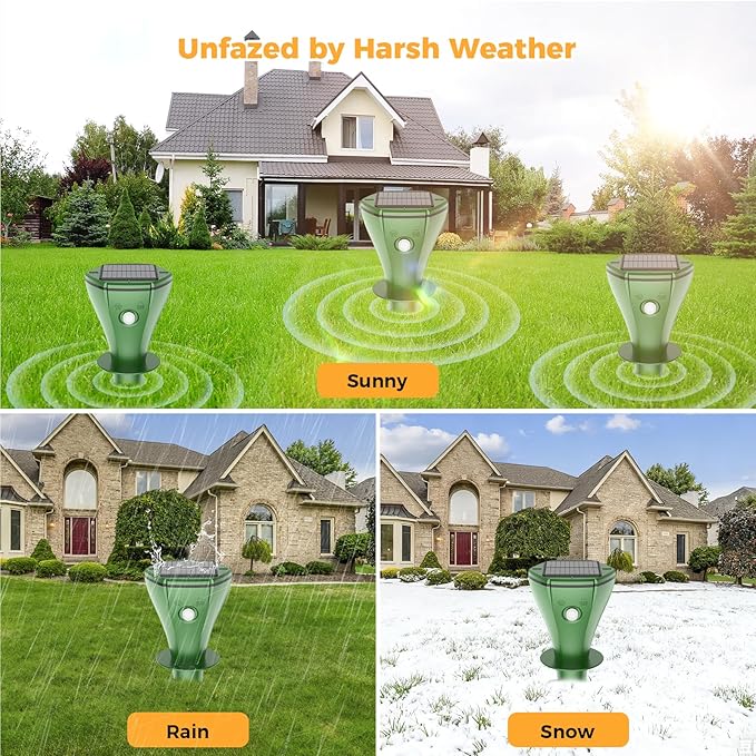 4 Pack Mole Repellent Solar Powered, Snake & Skunk & Vole & Gopher & Armadillo & Rabbit & Groundhog & Chipmunk Repellent for Yard, IP 65 Waterproof Outdoor Ultrasonic Deterrent for Lawns Garden