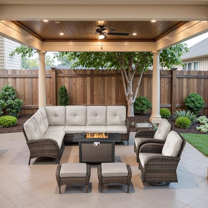 Belord 8 Pieces Patio Conversation Set with 43” Propane Fire Pit Table, Outdoor Sectional Furniture Sofa Set with Removable Cushions for Patio Deck Backyard Brown