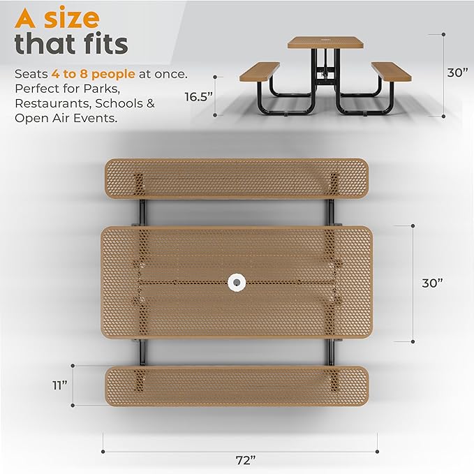 OUTTANS Commercial Heavy-Duty Metal Picnic Table - ADA Compliant, Adjustable Seats, Umbrella Hole (Brown, 6' Rectangular, Punched Steel)
